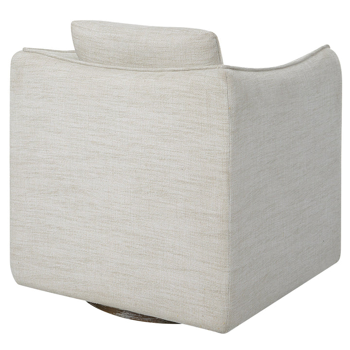 Woven Linen Accent Chair - Off-white linen fabric - Flanged edge trim - loose back pillow - Rests on solid birch swivel base - Coastal Compass Home Decor