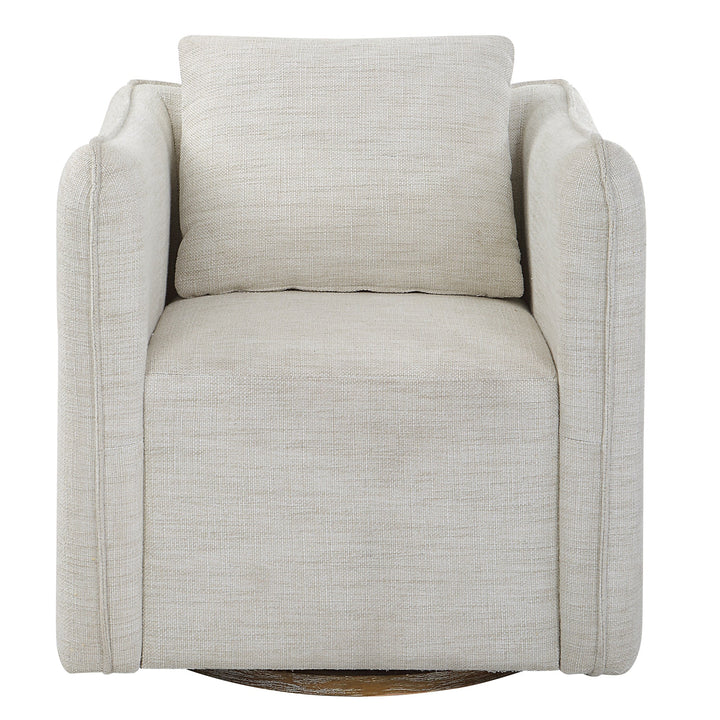 Woven Linen Accent Chair - Off-white linen fabric - Flanged edge trim - loose back pillow - Rests on solid birch swivel base - Coastal Compass Home Decor