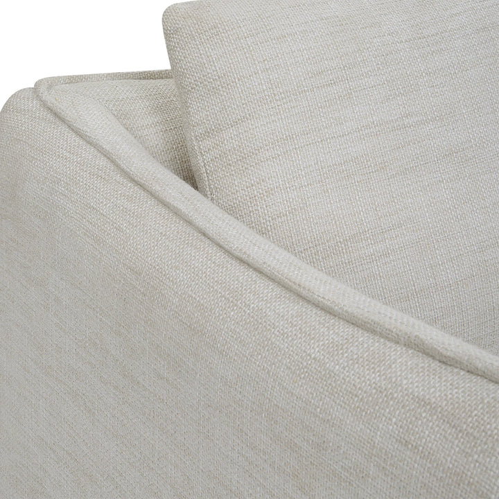 Woven Linen Accent Chair - Off-white linen fabric - Flanged edge trim - loose back pillow - Rests on solid birch swivel base - Coastal Compass Home Decor