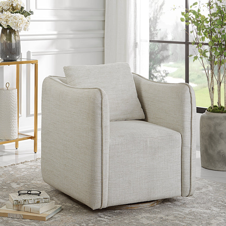 Woven Linen Accent Chair - Off-white linen fabric - Flanged edge trim - loose back pillow - Rests on solid birch swivel base - Coastal Compass Home Decor