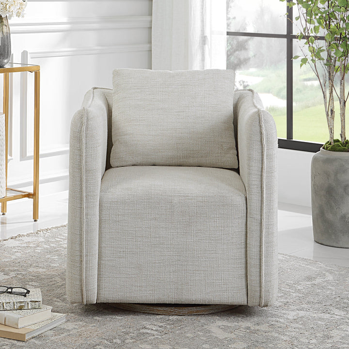 Woven Linen Accent Chair - Off-white linen fabric - Flanged edge trim - loose back pillow - Rests on solid birch swivel base - Coastal Compass Home Decor