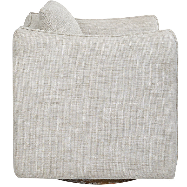 Woven Linen Accent Chair - Off-white linen fabric - Flanged edge trim - loose back pillow - Rests on solid birch swivel base - Coastal Compass Home Decor