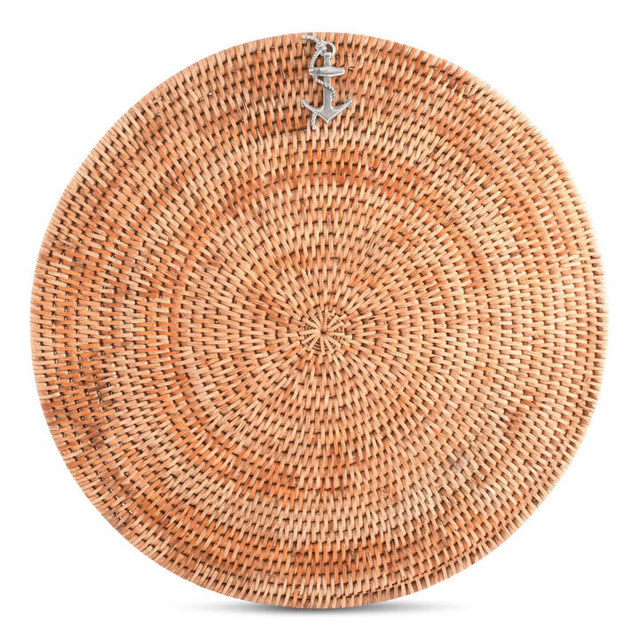 Woven Rattan Anchor Placemats - Woven Rattan - Pewter Anchor Emblem - Set/4 - Coastal Compass Home Decor