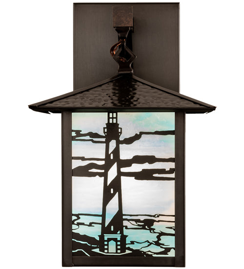 American made Coastal Nautical Lighting Wall Sconce in sky blue art glass with lighthouse and sailboat on the blue sea - Coastal Compass Home Decor