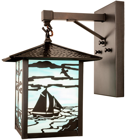 American made Coastal Nautical Lighting Wall Sconce in sky blue art glass with lighthouse and sailboat on the blue sea - Coastal Compass Home Decor