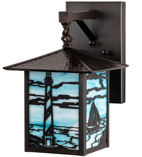 American made Coastal Nautical Lighting Wall Sconce in sky blue art glass with lighthouse and sailboat on the blue sea - Coastal Compass Home Decor