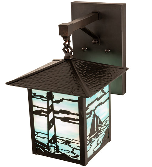 American made Coastal Nautical Lighting Wall Sconce in sky blue art glass with lighthouse and sailboat on the blue sea - Coastal Compass Home Decor