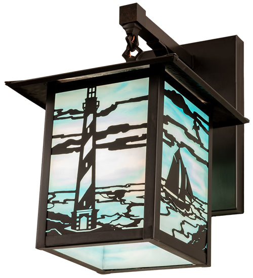 American made Coastal Nautical Lighting Wall Sconce in sky blue art glass with lighthouse and sailboat on the blue sea - Coastal Compass Home Decor