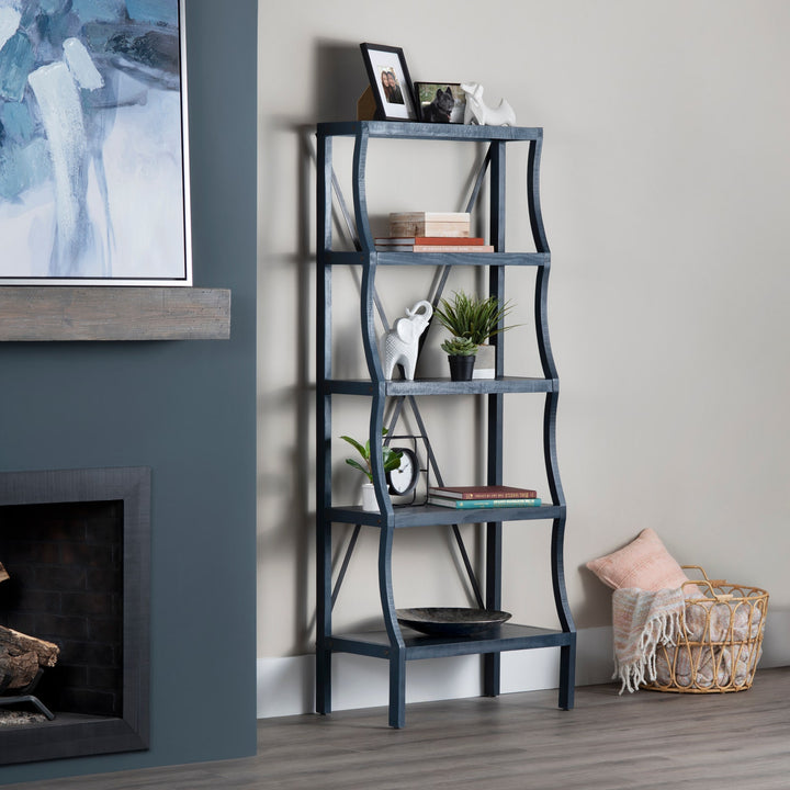 Coastline Etagere - Navy Blue Painted - Natural Wood & Metal - 5 shelves - X Metal back support - Coastal Compass Home Decor