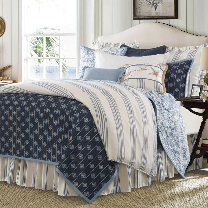 Horizon vintage white bedding with nautical blue stripes - The Coastal Compass Home Decor