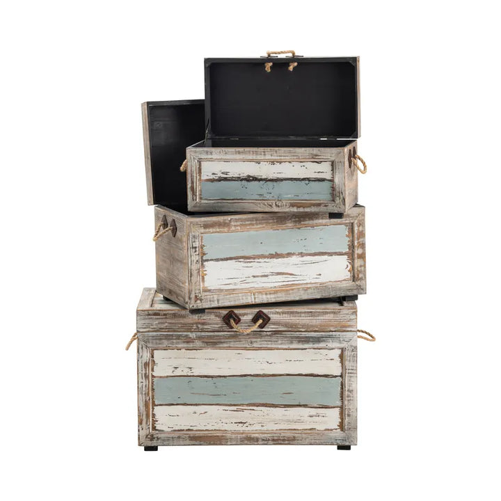 3-pc Venice Distressed Coastal Distressed  Wood Trunks - The Coastal Compass Home Decor