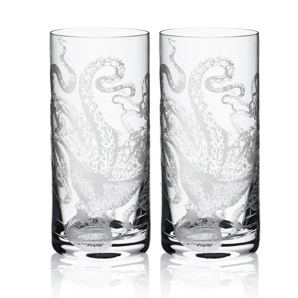 Coastal Sand Engraved Highball Glasses - Octopus • Coastal Compass Home Decor