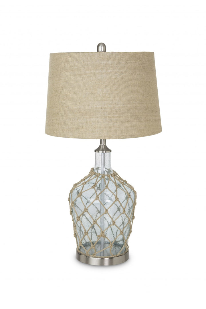 Blue Bubble Glass Coastal Table Lamps  - Rope Net around blue glass - Coastal Compass Home Decor