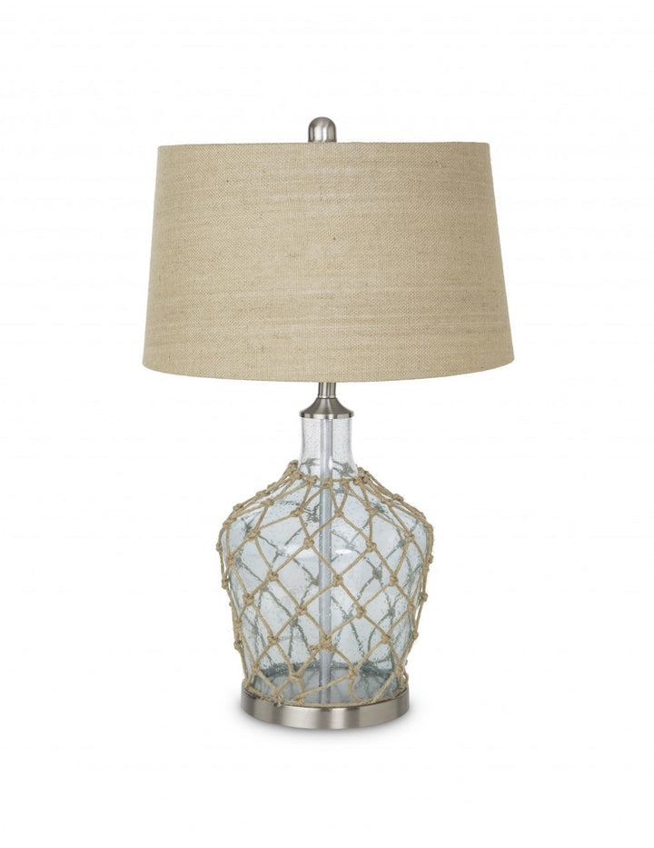 Blue Bubble Glass Coastal Table Lamps - Rope net over blue glass - Tan lamp shade - Coastal Compass Home Decor