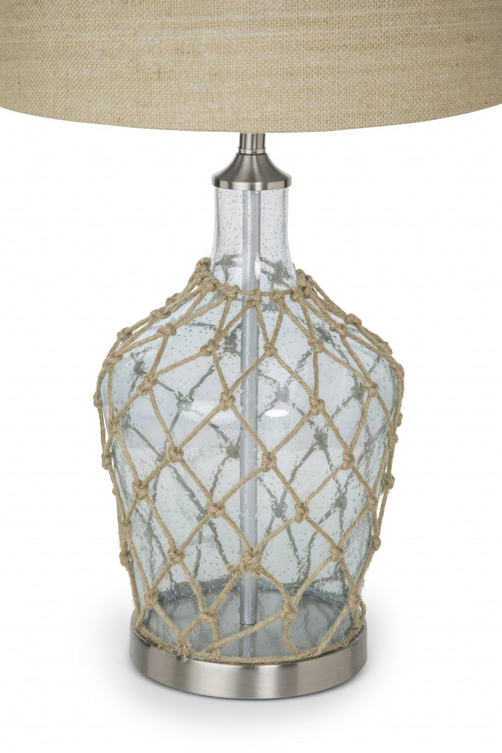 Blue Bubble Glass Coastal Table Lamps - Rope net wrapped around blue glass - Coastal Compass Home Decor