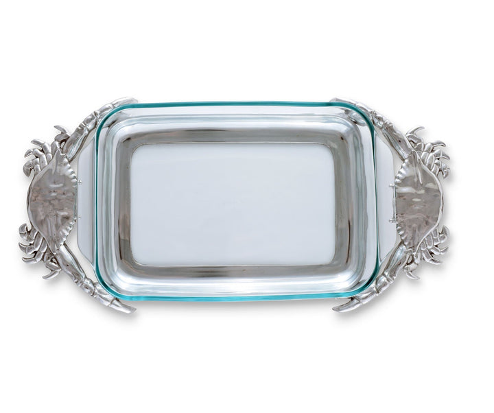 Pyrex casserole dish with pewter crab handled frame - The Coastal Compass Home Decor