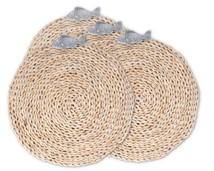 Twisted Seagrass w/ Pewter Fish Placemats • Coastal Compass Home Decor