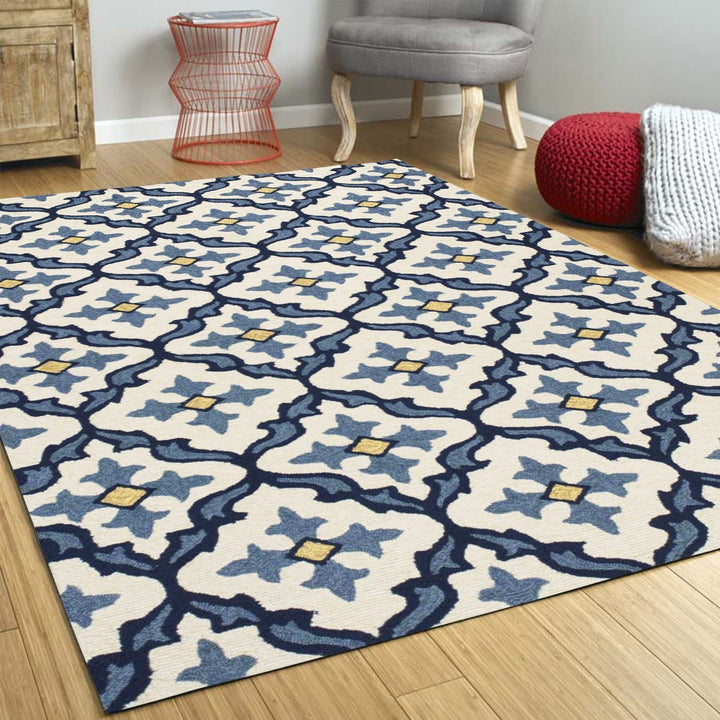 Ivory-Blue Mosaic Area Rug | Coastal Compass