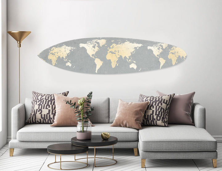 Grey Metallic World Map Surfboard Wall Art • Coastal Compass Home Decor