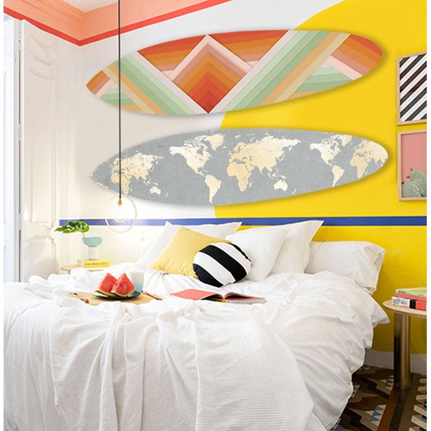 Grey Metallic World Map Surfboard Wall Art • Coastal Compass Home Decor