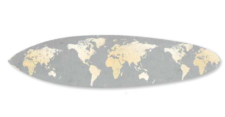 Grey Metallic World Map Surfboard Wall Art • Coastal Compass Home Decor