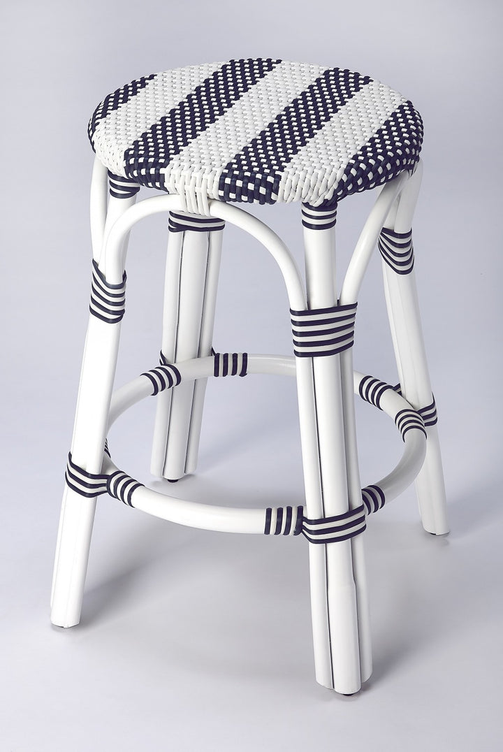 Classic White and Navy Rattan Counter Stool • Coastal Compass Home Decor