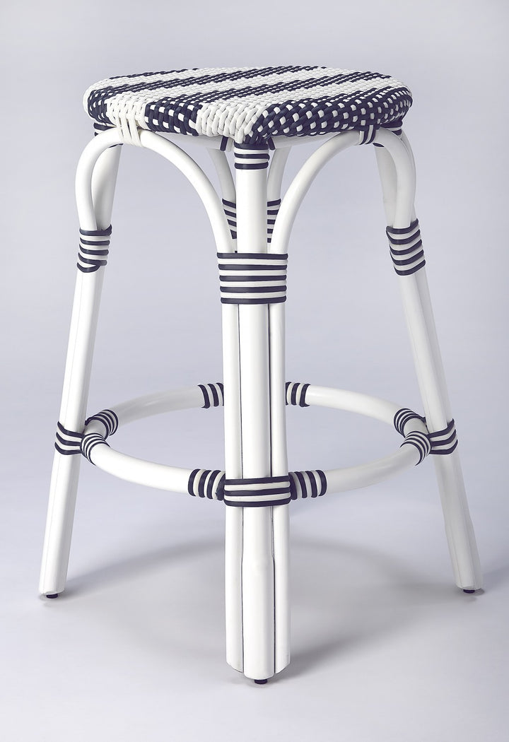 Classic White and Navy Rattan Counter Stool • Coastal Compass Home Decor