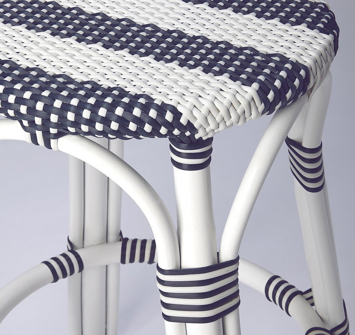 Classic White and Navy Rattan Counter Stool • Coastal Compass Home Decor