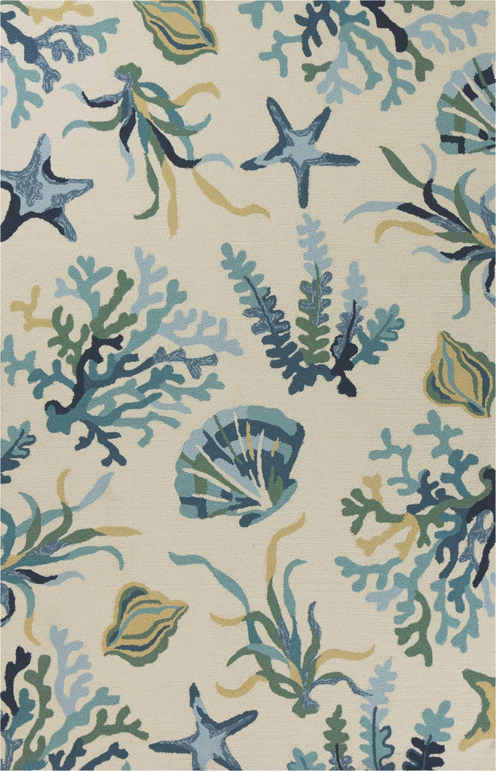 Ivory-Blue Sea Life Area Rug - Ivory & Blue - Starfish, coral & seashells - Coastal Compass Home Decor