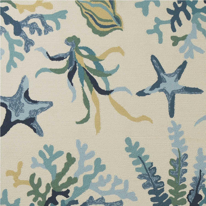 Ivory-Blue Sea Life Area Rug - Ivory & Blue - Starfish, coral & seashells - Coastal Compass Home Decor