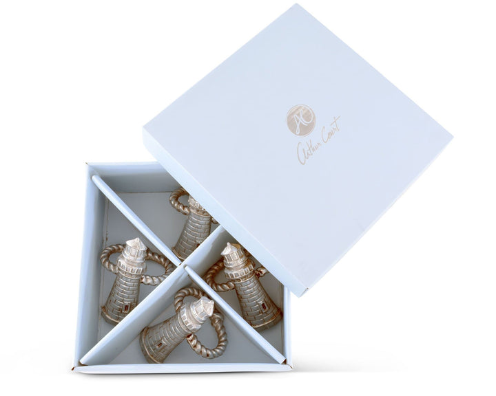 Pewter Lighthouse Napkin Rings Set - Coastal Compass home Decor