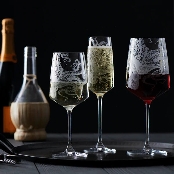 Lucy Octopus Engraved Wine Glasses • Coastal Compass Home Decor