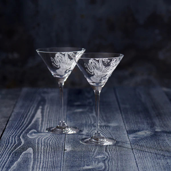 Lucy Octopus Engraved Martini Glasses • Coastal Compass Home Decor