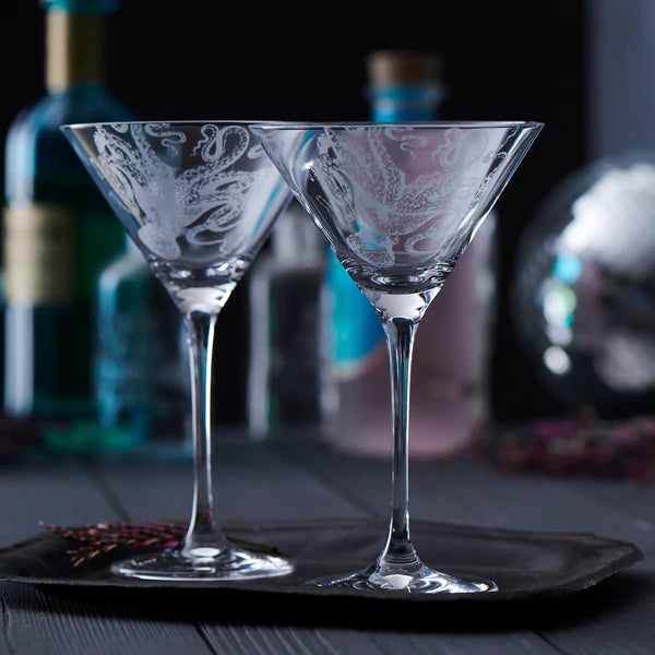 Lucy Octopus Engraved Martini Glasses • Coastal Compass Home Decor