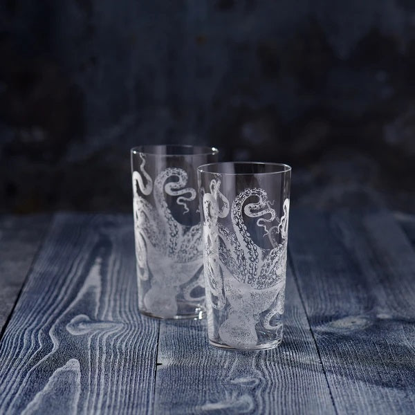 Coastal Sand Engraved Highball Glasses - Octopus | Coastal Compass