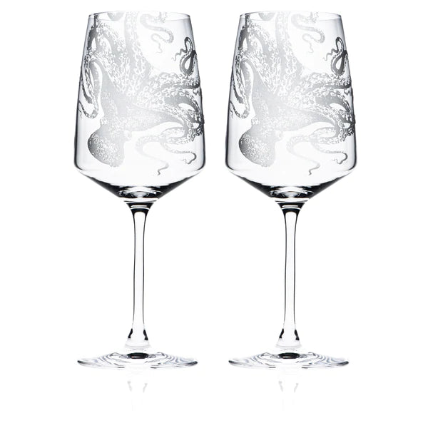 Lucy Octopus Engraved Red Wine Glasses • Coastal Compass Home Decor