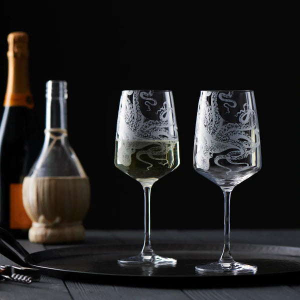 Lucy Octopus Engraved Red Wine Glasses • Coastal Compass Home Decor