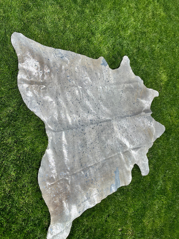 Metallic Silver on Off White Cowhide • Coastal Compass Home Decor