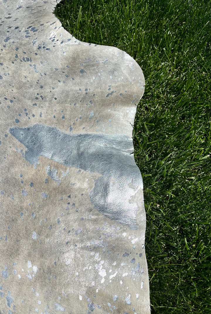 Metallic Silver on Off White Cowhide • Coastal Compass Home Decor