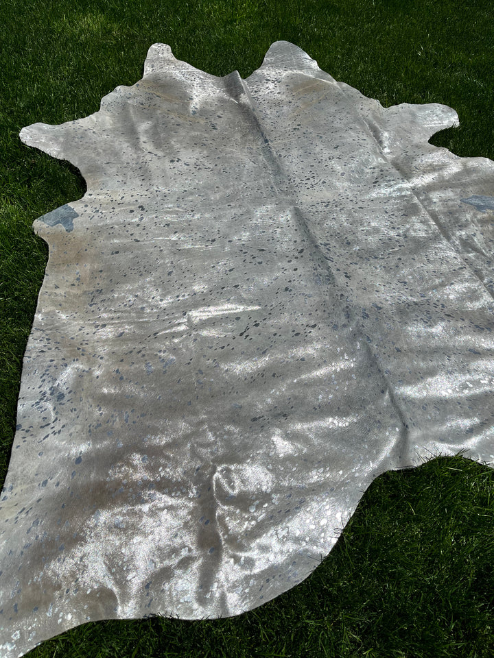 Metallic Silver on Off White Cowhide • Coastal Compass Home Decor