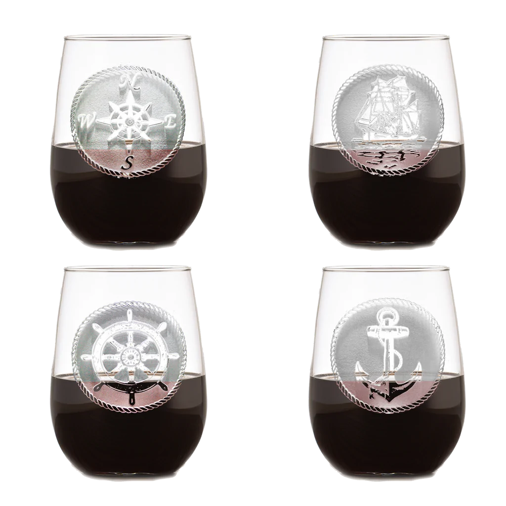 Hand Etched Nautical Theme Stemless Wine Glass Set • Coastal Compass Home Decor