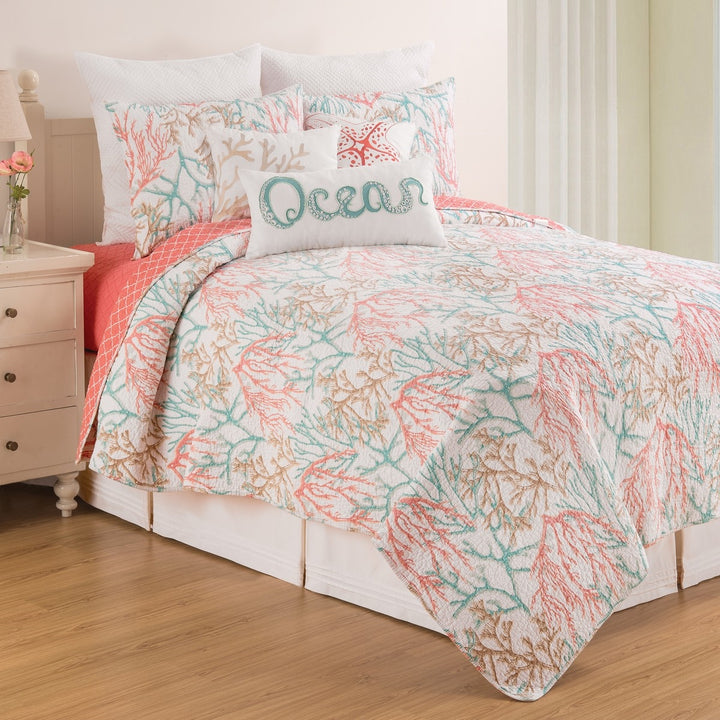 Oceanic Reef Quilt Set - Coral - Teal, Pink & Tan - Coral Pink Lattice pattern reverse - Coastal Compass Home Decor