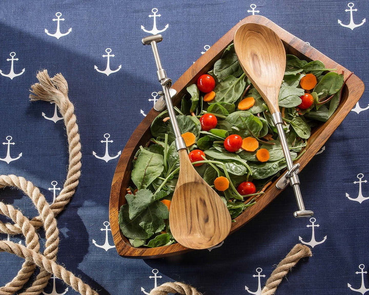 Row Boat Salad Serving Bowl with Serving Utensils - The Coastal Compass Home Decor