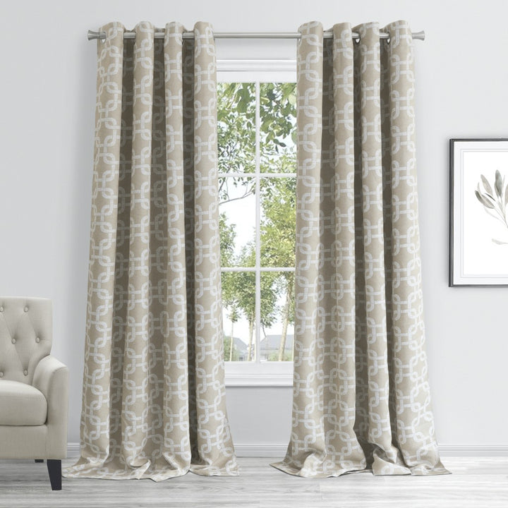 Sand Interlock Window Curtain Panel - 
 Sand Tan with white - Coastal Compass Home Decor
