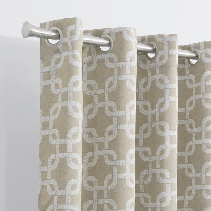 Sand Interlock Window Curtain Panel Sand Tan with white - Interlock square pattern - Coastal Compass Home Decor