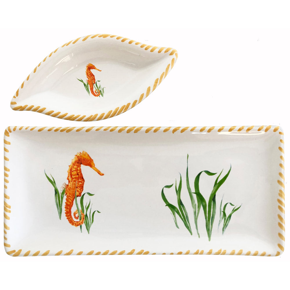 Seahorse Watercolor Tray & Dip Bowl Set | Coastal Compass Home Decor