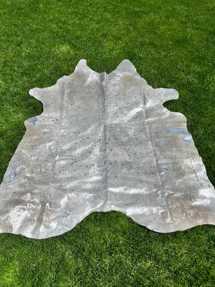 Metallic Silver on Off White Cowhide • Coastal Compass Home Decor