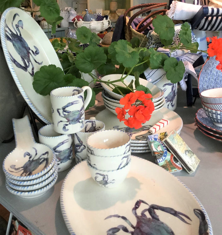 Blue crab coastal dinnerware and serving dishes - The Coastal Compass Home Decor
