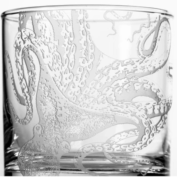 Sand engraved octopus coastal highball bar glass detail. Made in the USA. Your Western Decor