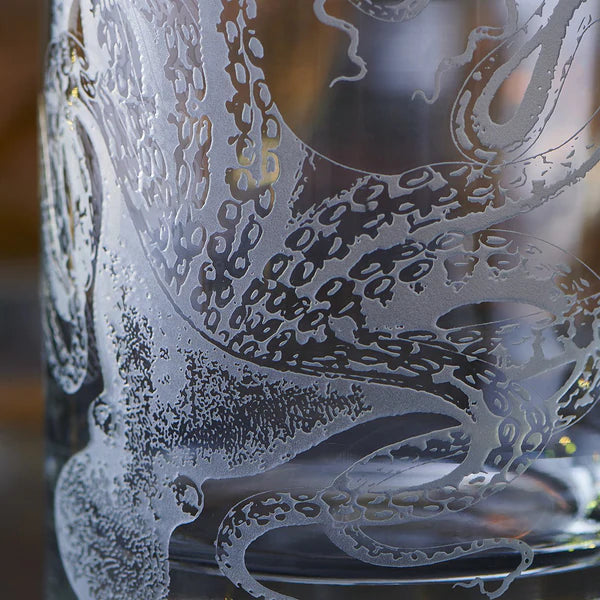 Coastal Octopus Sand Engraved Short Glasses Detail - Coastal Compass Home Decor